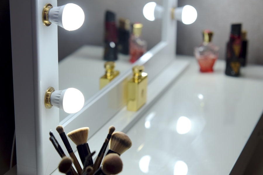 White & Gold Hollywood Mirror With Stand